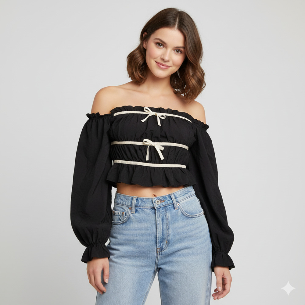 Thirty Thirty LA Cropped Off Shoulder Top Womens Large Black Coquette Cottage